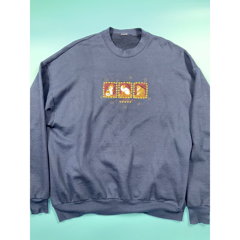 Vintage‎ Navy Blue Embroidered Cat Sweatshirt Crewneck Graphic Pullover
